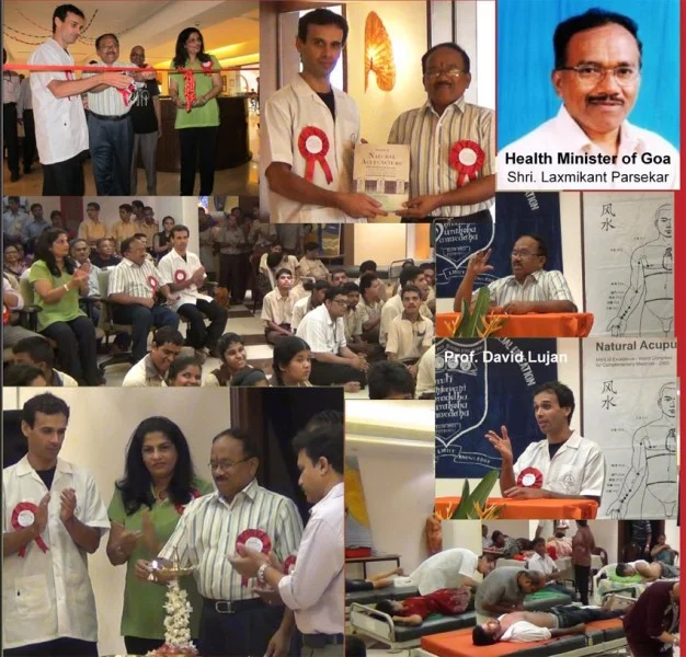 Collage de imágenes de los Cursos Intensivos de Acupuntura de ECAN en Goa, India, con el Ministro de Sanidad de Goa