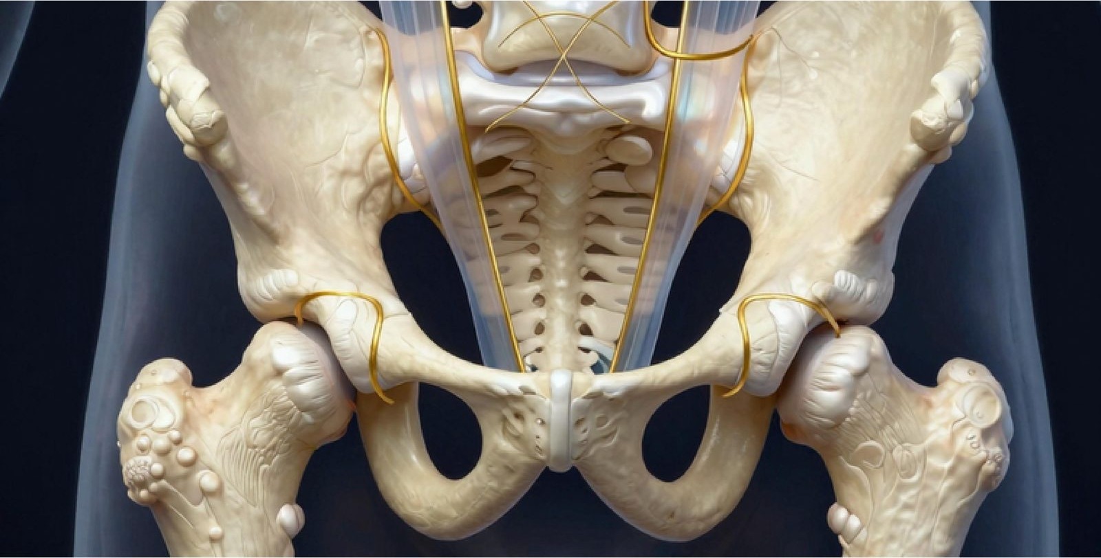 Render 3D del sistema fascial alrededor de la pelvis y el sacro